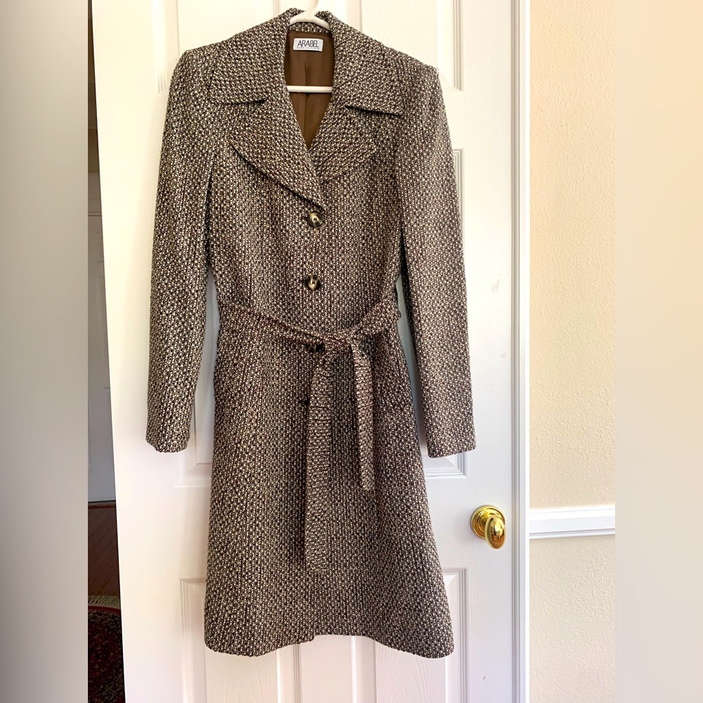 ARABEL Italian Coat Brown/White/Beige Wool Blend, Buttons 2 Side Pockets Belt 46